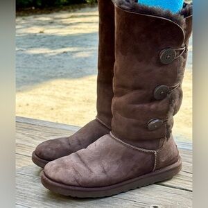UGG Chocolate Suede Boots with Button Accents